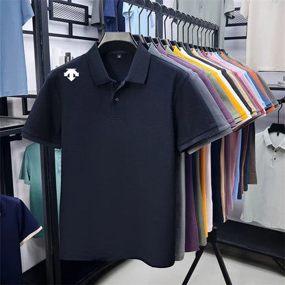100% men's summer luxury brand polo shirt lapel geometric printing short sleeves t-shirt outdoor leisure men clothing tops