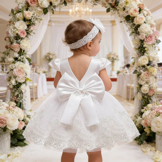 Vestido de princesa para bebê menina Vestido de festa elegante para meninas Vestido de renda de batismo para bebê Vestido infantil sem costas
