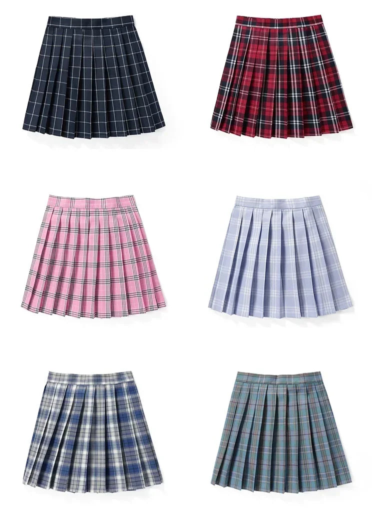 Women Summer Plaid Pleated Skirt With Necktie Bowtie Korean Jk Skirt Uniform Japanese School Preppy A Line Mini Skirts