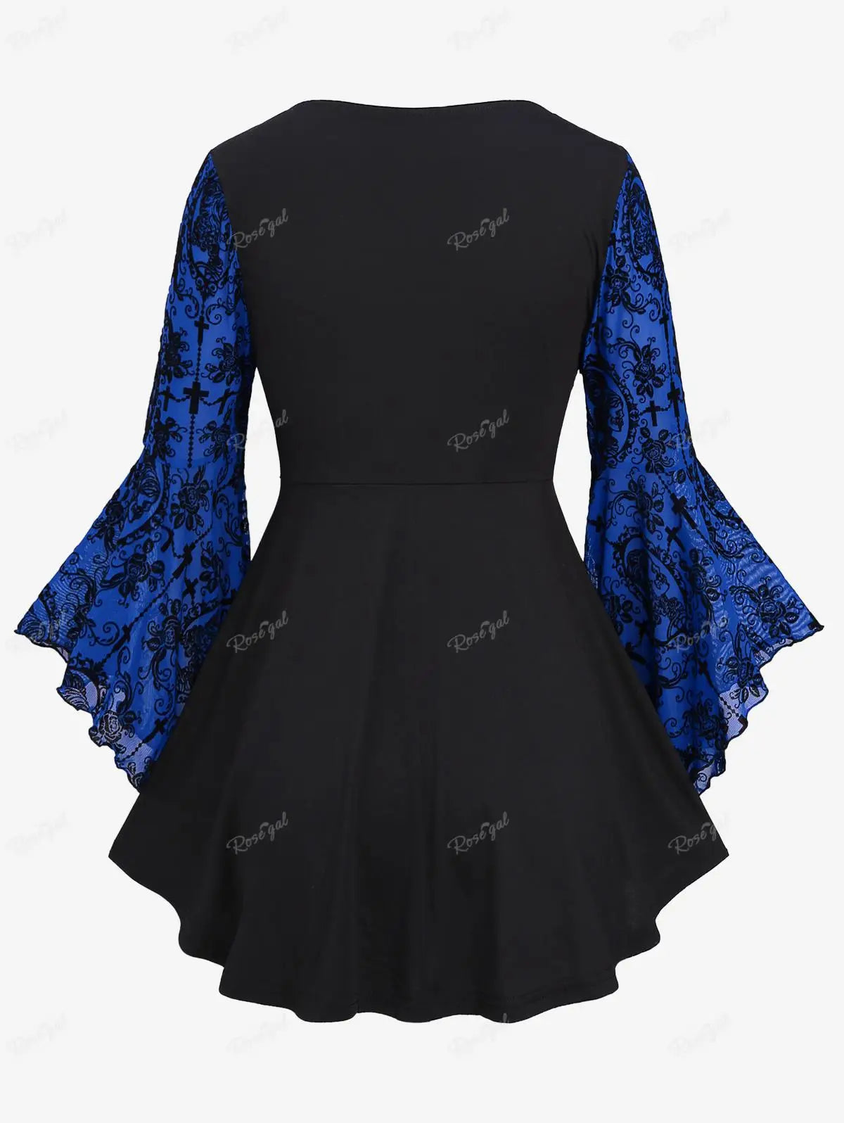 Plus Size Gothic Bell Sleeves Cross Floral Mesh Flocking Lace Up Ruched Ruffles 2 in 1 Long Bell Sleeve Top