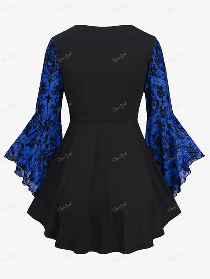 Plus Size Gothic Bell Sleeves Cross Floral Mesh Flocking Lace Up Ruched Ruffles 2 in 1 Long Bell Sleeve Top