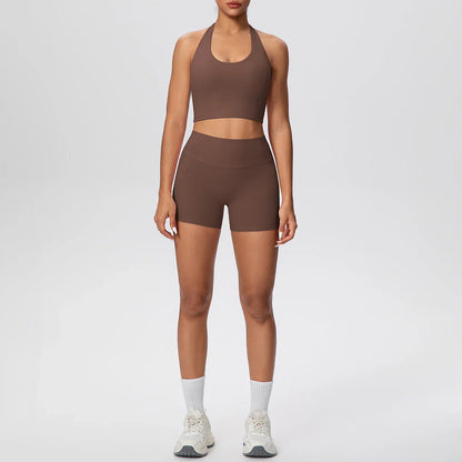 2picese Women Yoga Suit Solid Color High Waist Hip Push Up Fitness Shorts Sexy Pilates Backless Gym Hanging Neck Bra Yoga Set