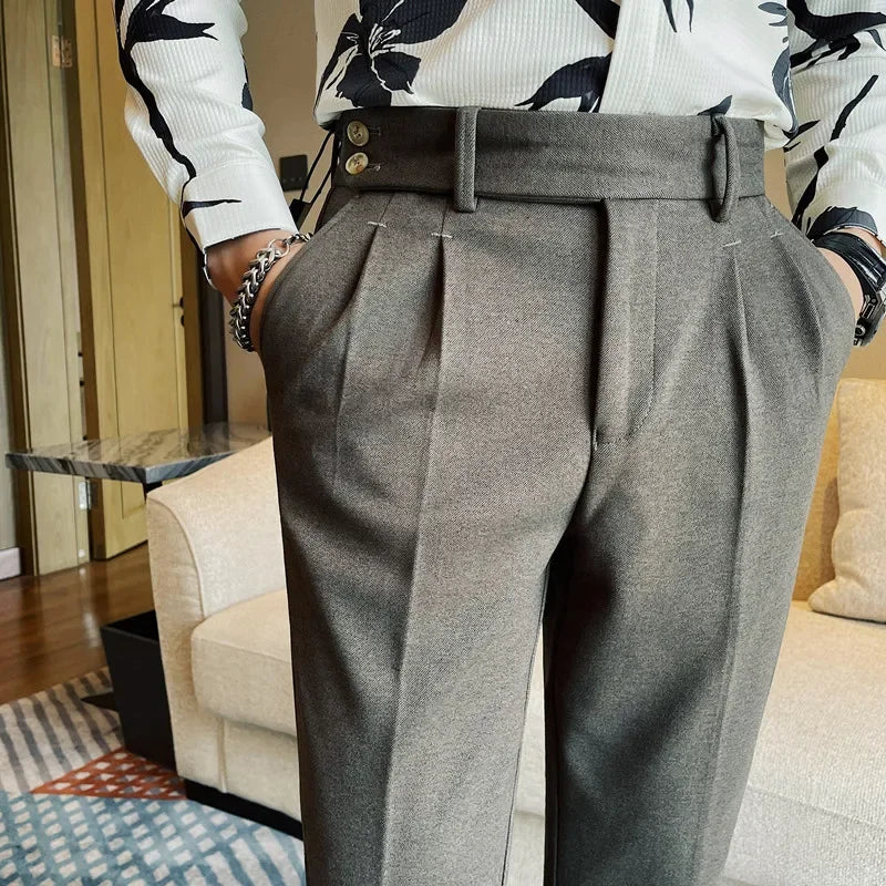 Men's Slim Fit Naples Business Casual Trousers Made of Autumn and Winter Wool, Thickened for Warmth, Classic Ankle-length Pants.