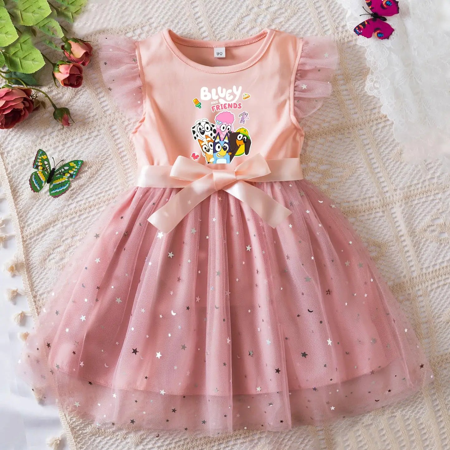 Girls Sequin Tutu Dress with Bow Flutter Sleeves Summer Princess Party Outfit for Toddler Kids 2-6 Years