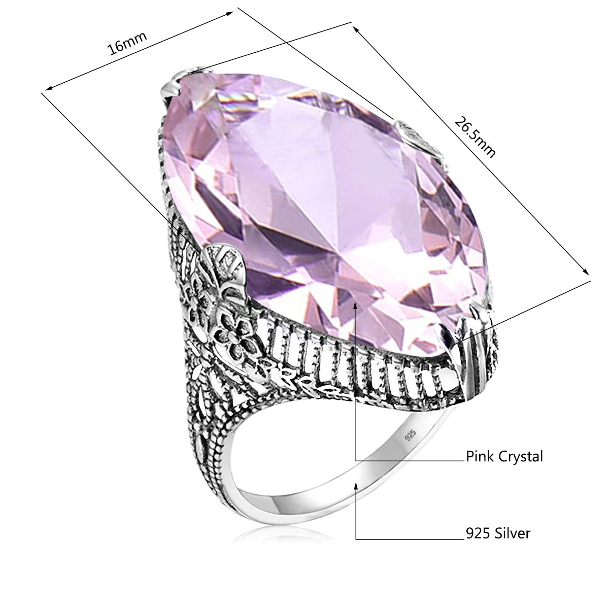 Marquise Stone Amethyst Ring 925 Antique Silver For Women Trend Luxury Party Jewelry Birthstone Gems Unique Handmade Gift