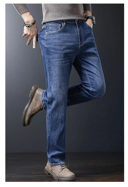 Men's Soft Stretch Straight Jeans Business Casual Slim Fit Wash Denim Pants Korean Fashion Blue Gray Male Brand Trousers