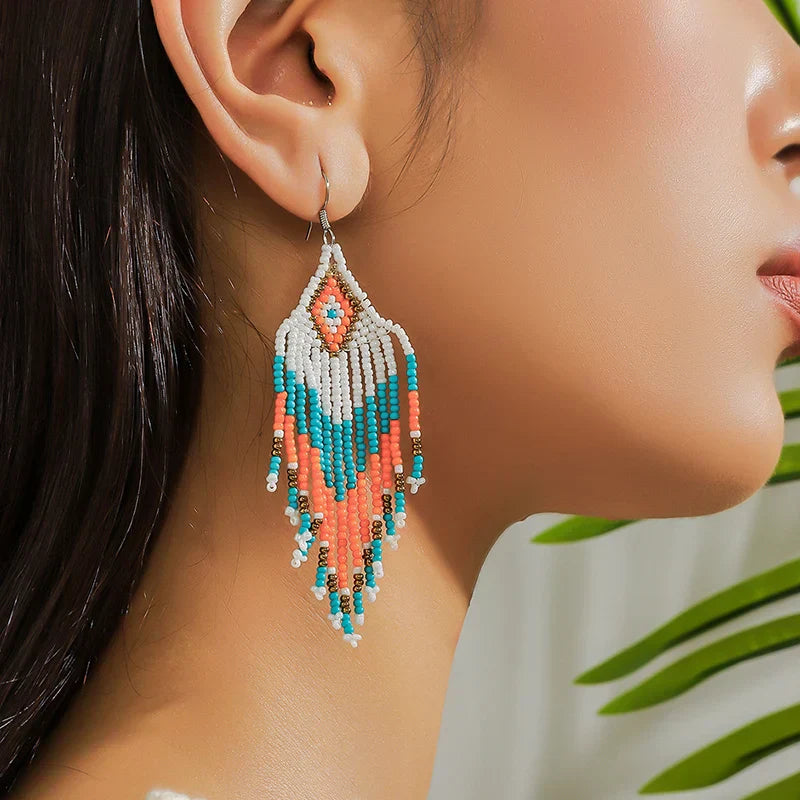White Rice Beads Earrings For Women Retro Boho Tassels Water Drop Earrings Exaggerated Ethnic Style Earrings Jewelry