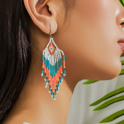 White Rice Beads Earrings For Women Retro Boho Tassels Water Drop Earrings Exaggerated Ethnic Style Earrings Jewelry