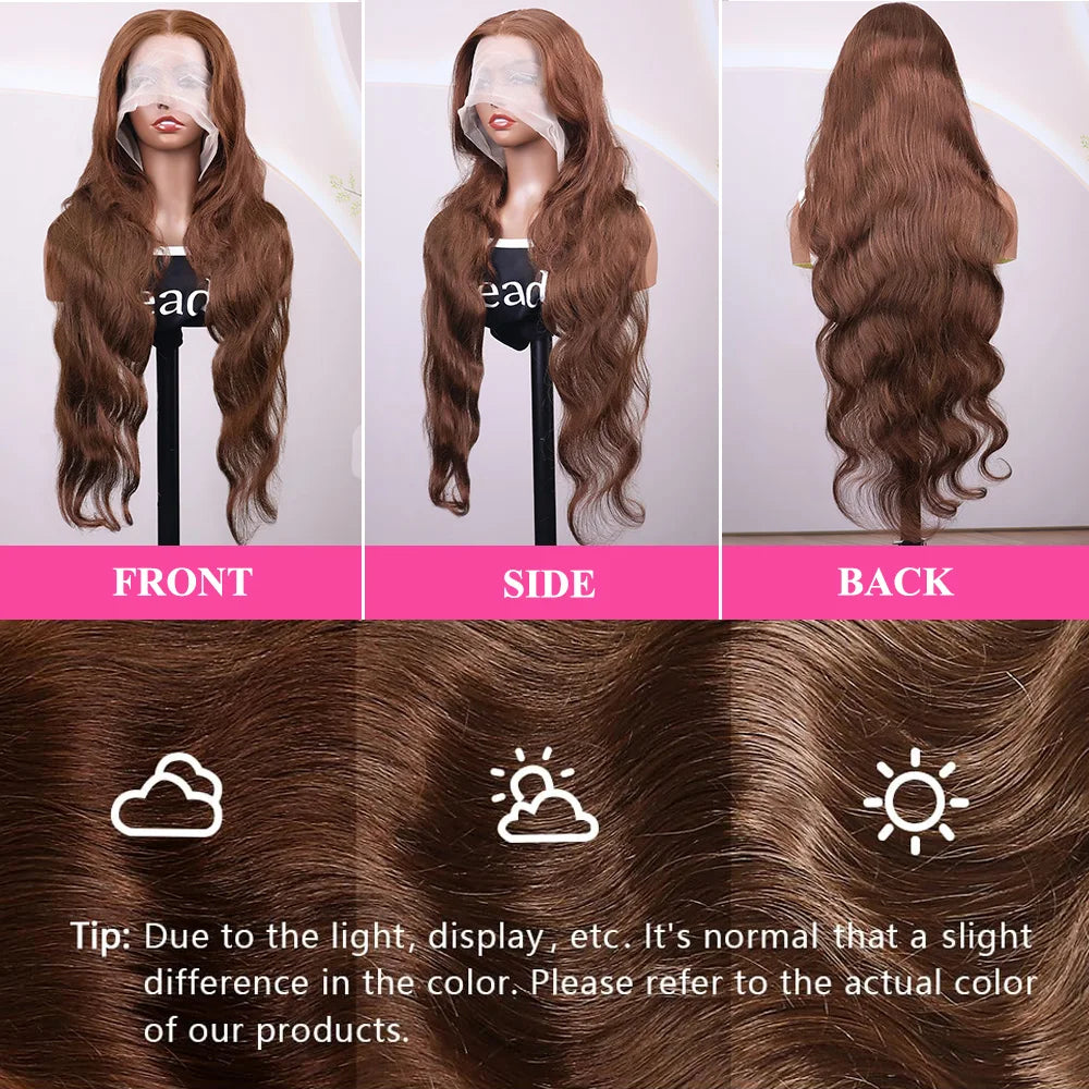 200 Density 30 38Inch Chocolate Brown Body Wave Human Hair Wigs Brazilian 13x6 HD Lace Frontal Wigs #4 Color 13x4 Lace Front Wig