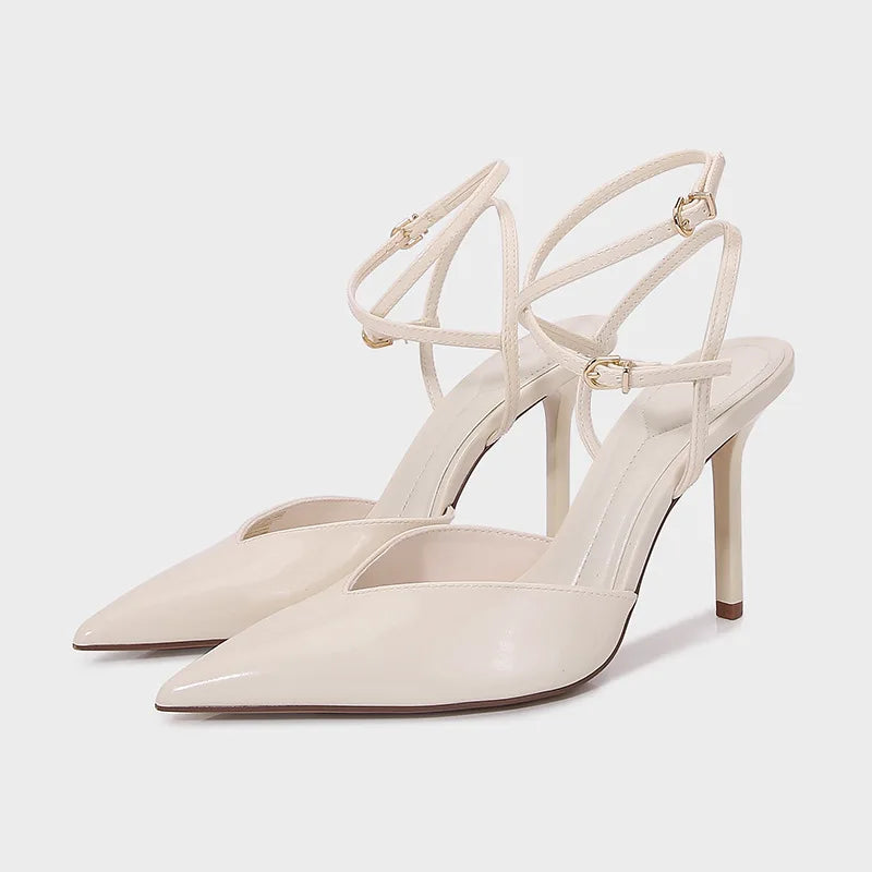 Elegant Pointed Toe Ankle Strap Brand Pumps Women High Quality Patent Leather Buckle Thin Heel Slide Sandals Banquet Dress Shoes