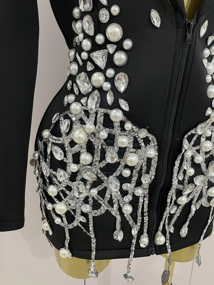Crystal Chains Pearls Long Sleeve Mini Dress 2025 Women Birthday Evening Party Nightclub Outfit Singer Wedding Costume