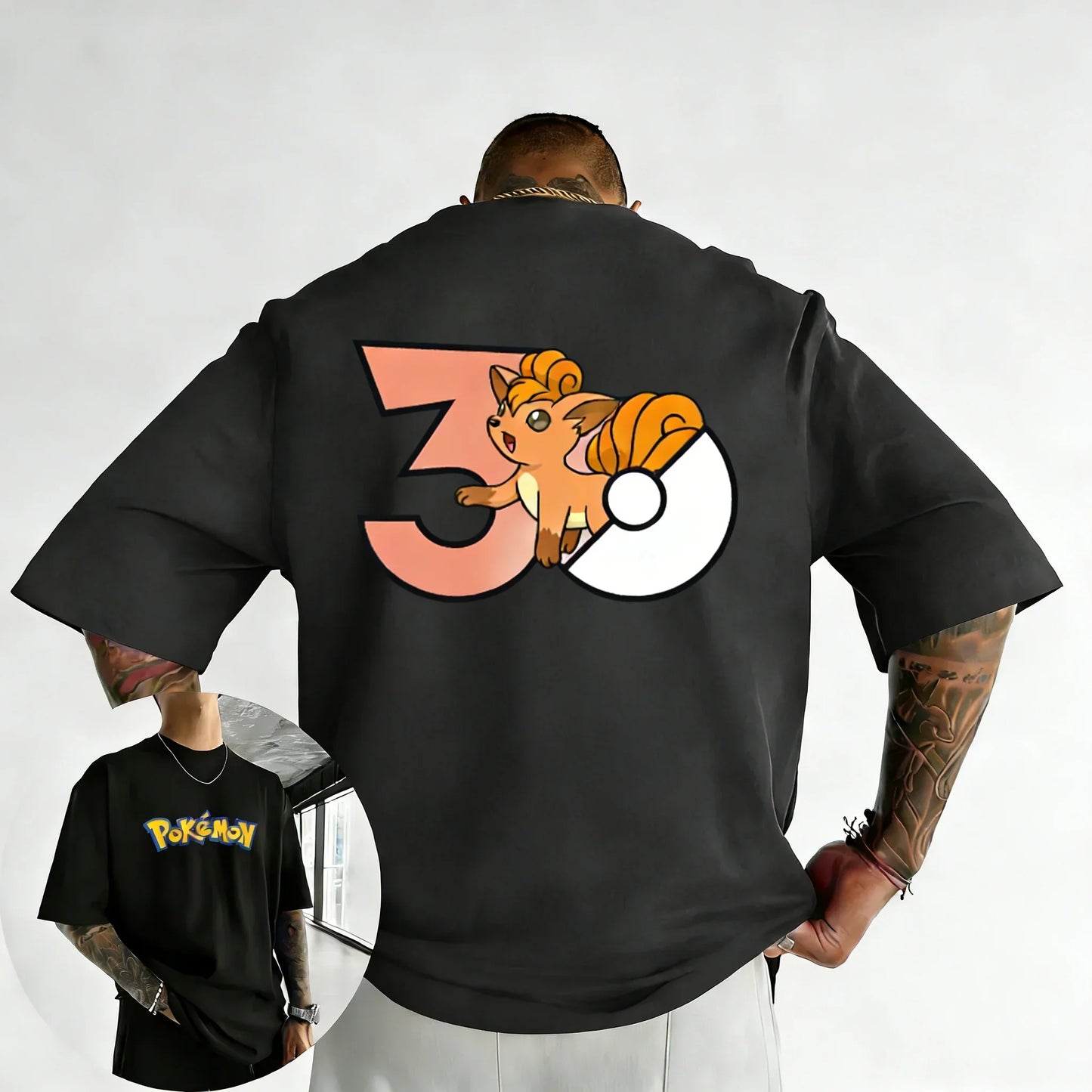 30th Anniversary Vulpix Printed T-shirt Summer New Men's and Women's Loose Casual Hip Hop Trendy Short Sleeve Top