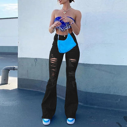 Calça Jeans Feminina Boca de Sino Preta Cintura Alta Rasgada