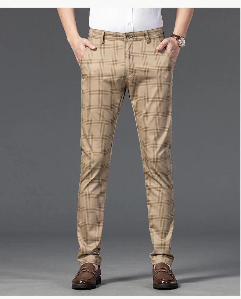 Brand Clothing Mens Casual Pants Fashion Plaid Classic Business Formal Trousers Elastic Straight Social Luxury Suit Pants