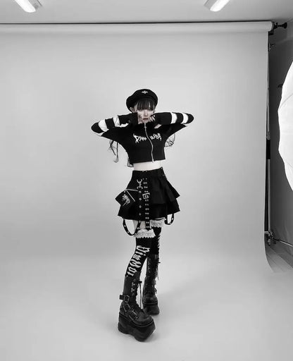 Japanese Style Mine Harajuku Punk Metal Buckle with Packet Decorative Ruffled Short Skirt Sweet Cool Girl Women's Plaid Skirt