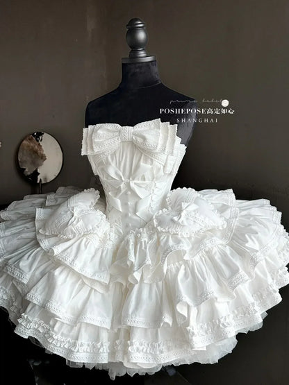 Girls Birthday Lolita Dress 2024 Spring and Summer Women's Tube Top Satin Bowknot Slim Pettiskirt Short Mini Party Dress