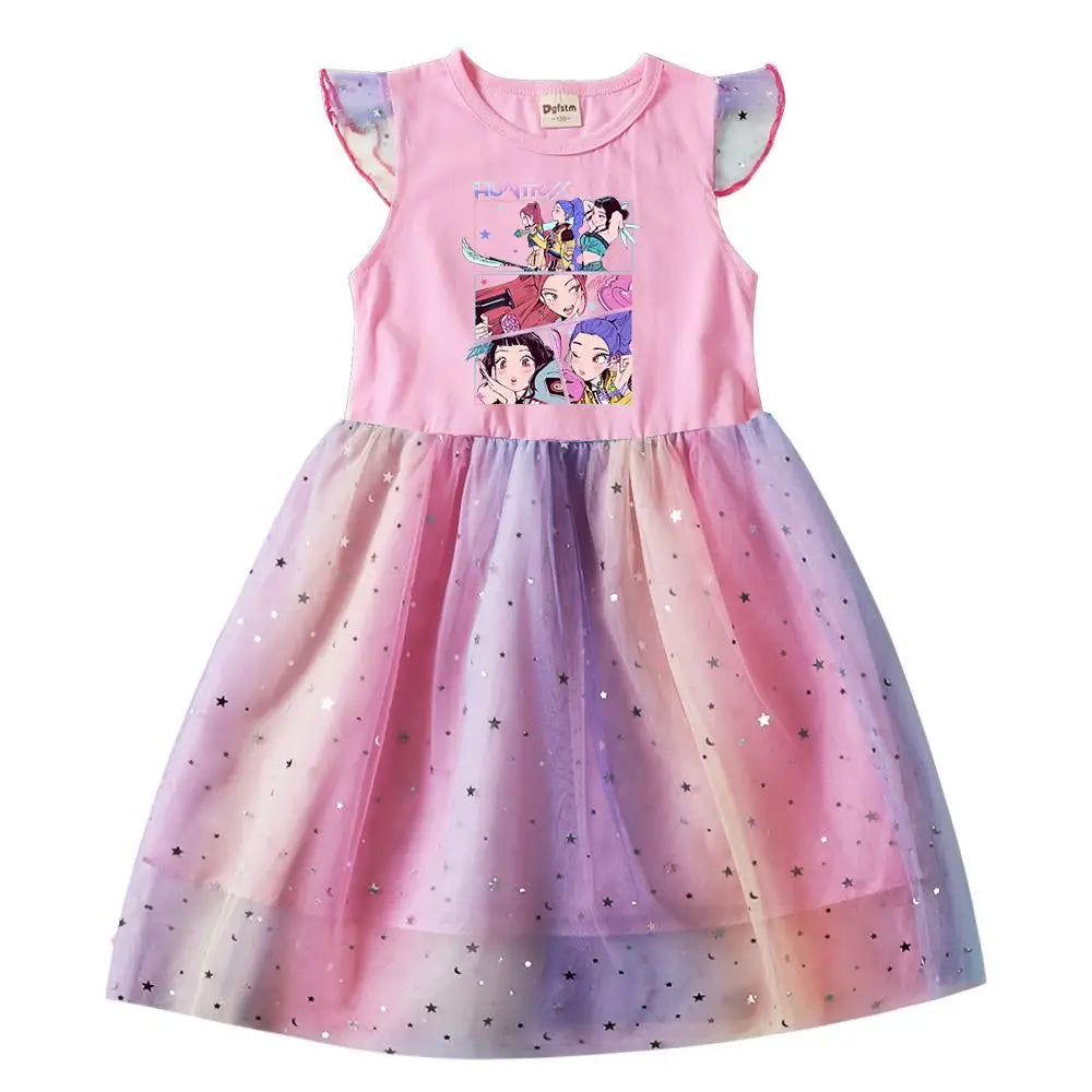 Baby Girls Dress Children Cartoon Mesh Star Sequins Princess Dress Kids Flying Sleeve Skirt For Birthday Gift