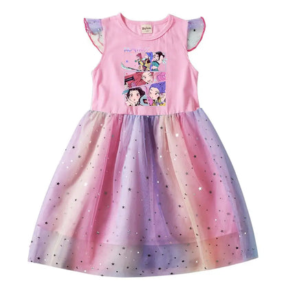 Baby Girls Dress Children Cartoon Mesh Star Sequins Princess Dress Kids Flying Sleeve Skirt For Birthday Gift