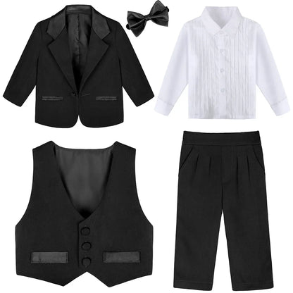 Baby Boy Suit Set Wedding Infant Formal Outfit Toddler Ring Bearer Tuxedo Children Birthday Ceremony Performance Costume 4PCS