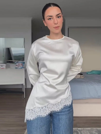 Women's Satin Blouse With Lace Trim Fashion O-neck Long Sleeve Lace Up Waist Irregular Tops 2026 Spring New Chic Lady Streetwear