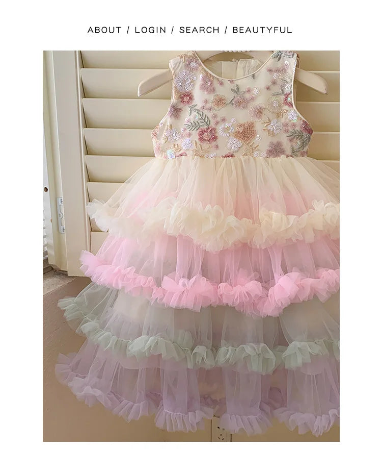 Vestido Regata para Meninas Verão 2025 Novo Vestido Elegante de Malha com Babados para Meninas Vestido Princesa Roupa Infantil de Fada