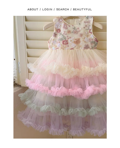 Vestido Regata para Meninas Verão 2025 Novo Vestido Elegante de Malha com Babados para Meninas Vestido Princesa Roupa Infantil de Fada