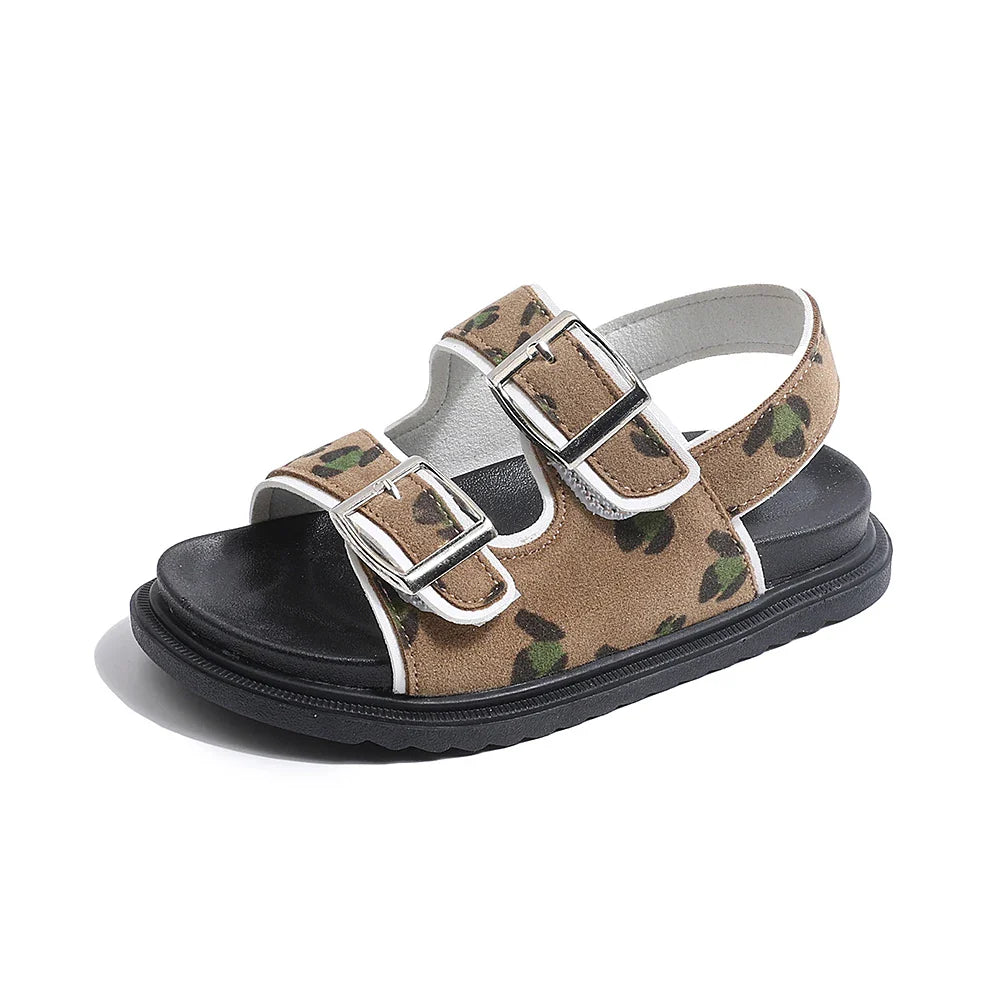 Kids Leopard Camo Double Buckle Roman Sandals, Thick Non-Slip Soft Elastic Rubber Sole Lightweight Children's Shoes,