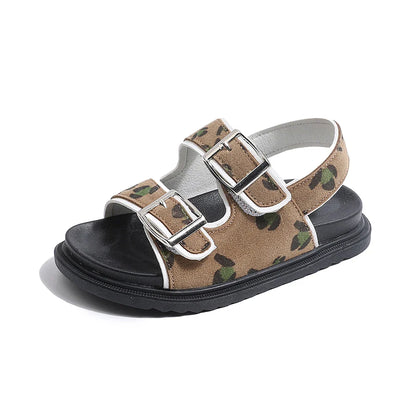 Kids Leopard Camo Double Buckle Roman Sandals, Thick Non-Slip Soft Elastic Rubber Sole Lightweight Children's Shoes,
