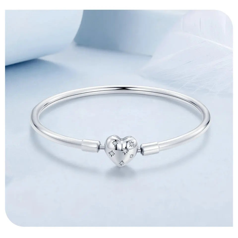 Genuine 925 Sterling Silver Charm Glossy Bracelet Heart/Shell Clasp Basic Bangle Star Spacer Beads for Women DIY Jewelry