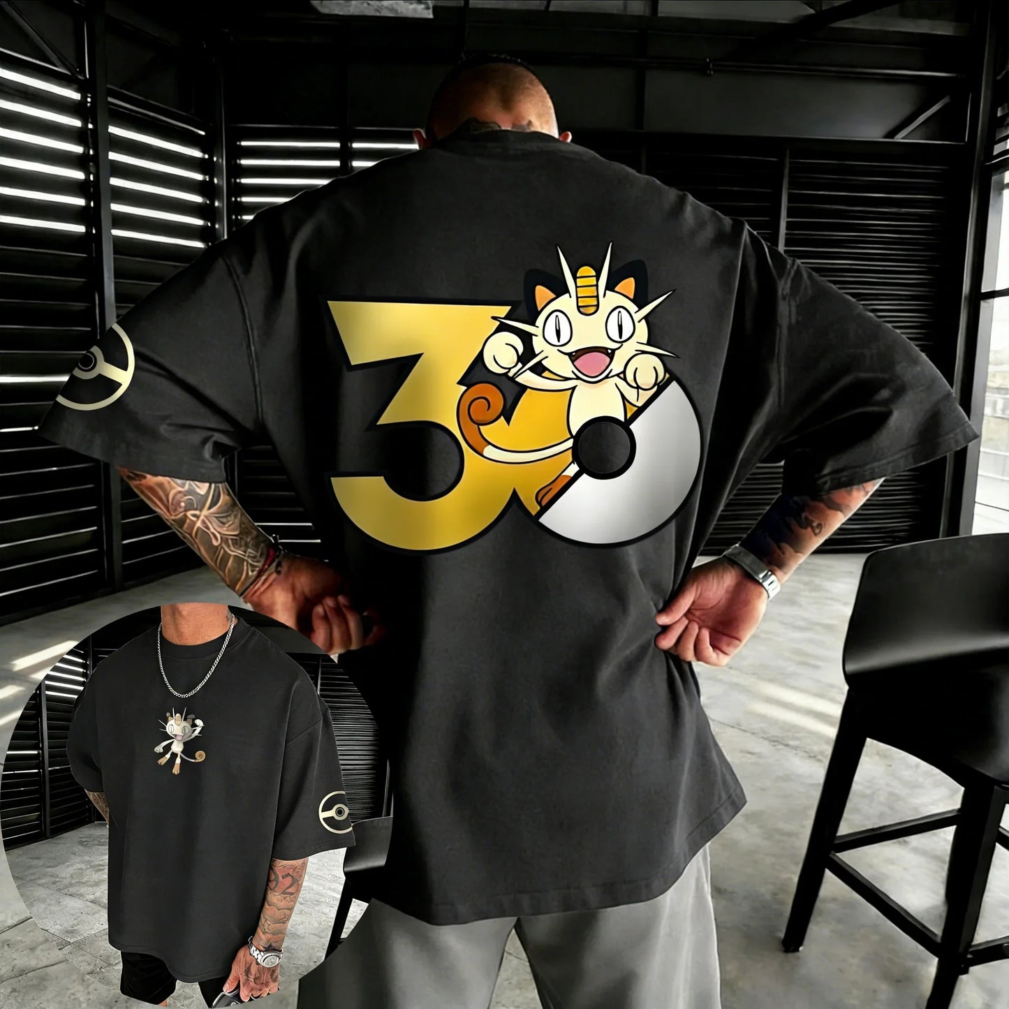 30th Anniversary Meowth Printed T-shirt Summer New Men's and Women's Loose Casual Hip Hop Trendy Short Sleeve Top