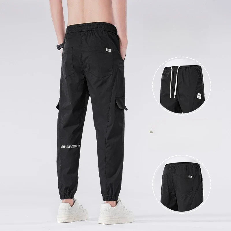 Spring Summer Thin Men's Cargo Pants Loose Tapered Elastic Cuff Jogger Trousers Quick Dry Casual Outdoor Haren Pants Male 5XL