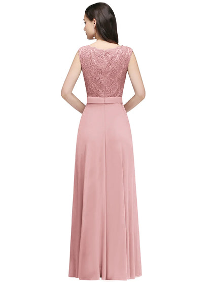 Elegant Long Burgundy Women Evening Dresses Sexy Illusion O Neck Lace Sleeveless A-Line Chiffon Formal Party Prom Gowns Vestidos