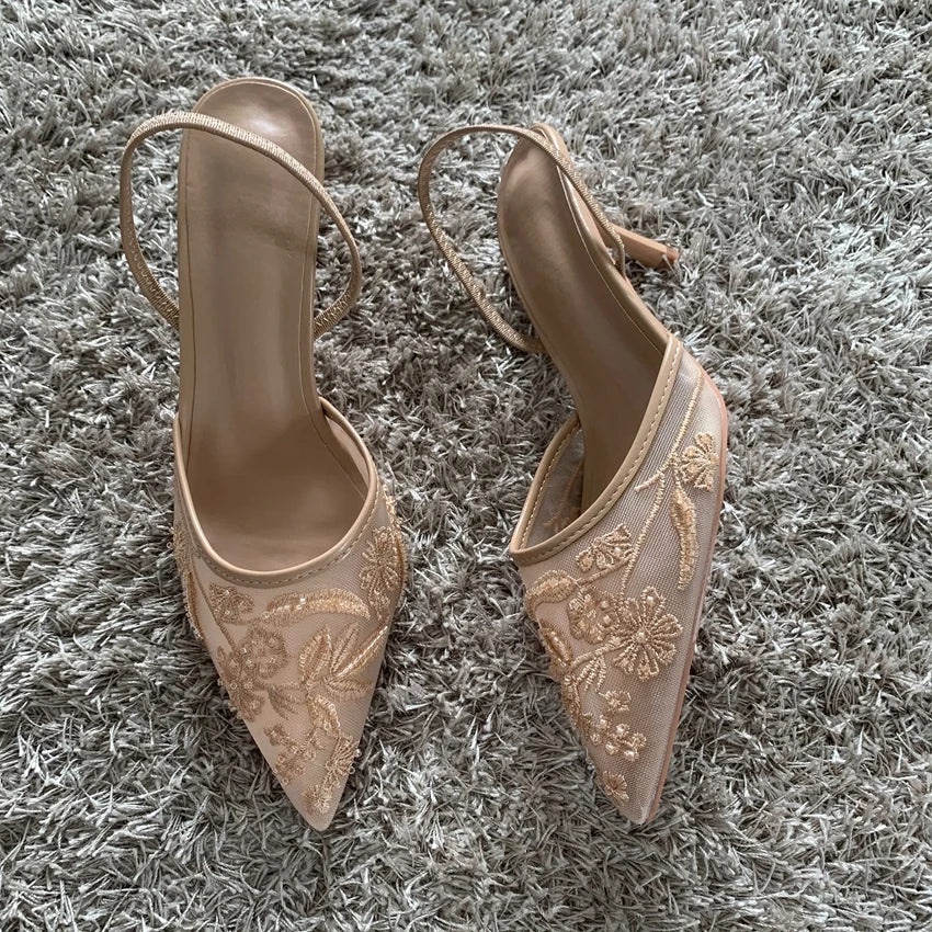 Fashion Sandals Women String Bead High Heels Mules Shoes Pointed Toe Slingback Slippers Women Zapatos De Mujer