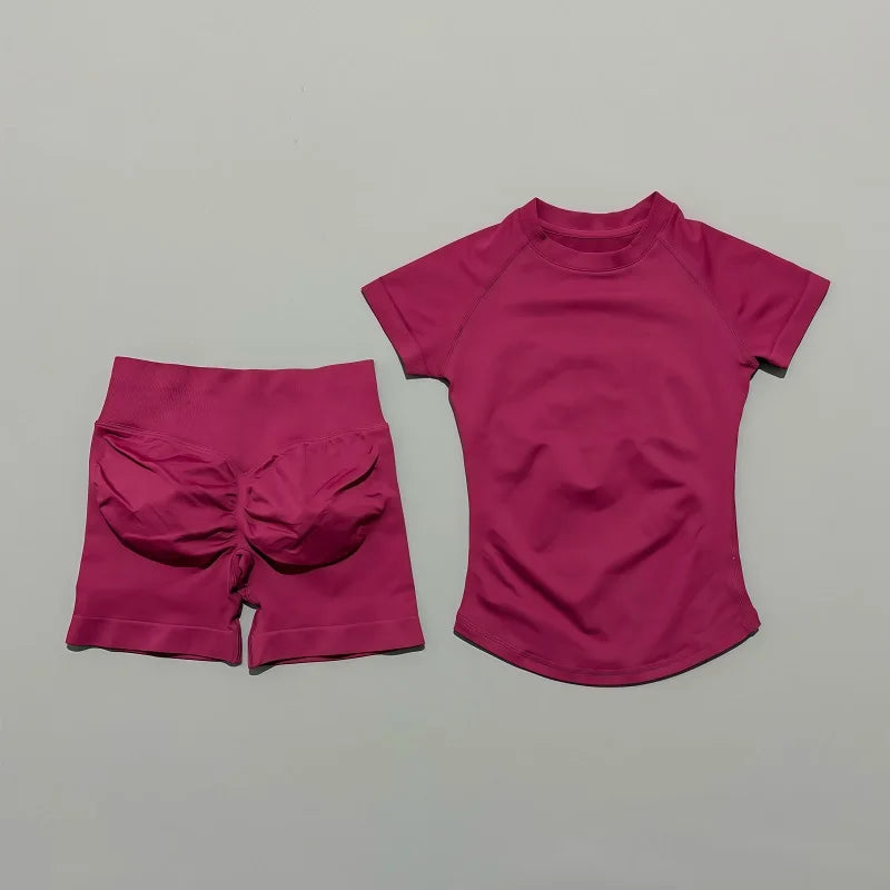 2 Piece Gym Sets Women Seamless Short Sleeve Top Butt Lifting Shorts Workout Fitness Running Sports Yoga Tracksuit
