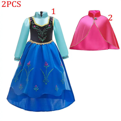 Elsa Princess Floral Frock with Cape Elsa Younger Sister Anna Disguise Dress Cosplay Party Snow Queen Cute Girl Carnival Outfit