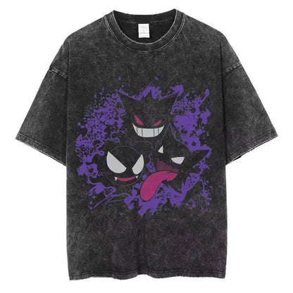 2026 Anime Washed Vintage Summer Gengar Short Sleeve Tee Graphic T-Shirt Man Women Cosplay Casual Tops Y2k Streetwear