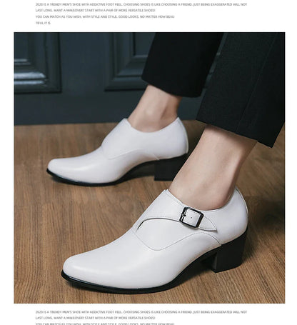 Dress Shoes Man Thick Heel Brogue Leather Men Wedding Party Social Shoe Male Business Casual White Platform Formal Shoes For Men