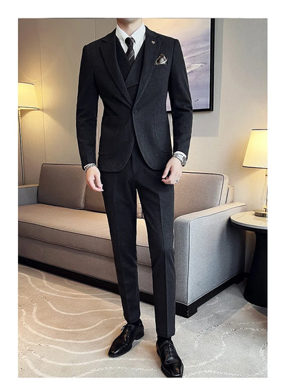 2025 Autumn Winter New Thickened Warm Woolen Blazer Set for Men Korean Version Slim Fit Groom Best Man Wedding Suit Formal Wear