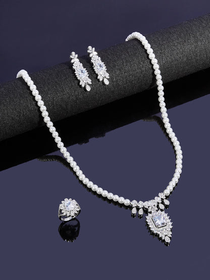 New Trendy Pearl Tassel 40cm Necklace Earring 4PCS Jewelry Set For Women Wedding Party Full Zircon Dubai Bridal Jewelry Set Gift