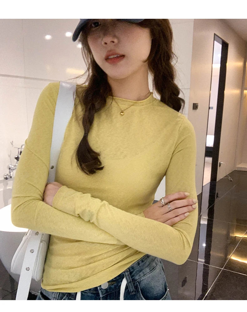 2026 Spring Autumn T shirt Women Tops Solid Slim Fit Long Sleeve O Neck Tshirts Female Casual Streetwear High Quality Base Tees