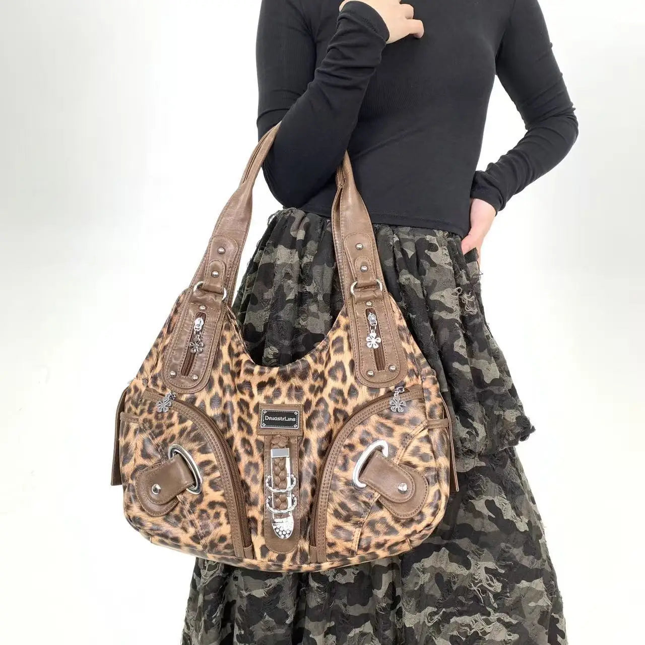 Y2K vintage hot girl personality leopard print shoulder bag with multiple compartments, Maillard crossbody handbag