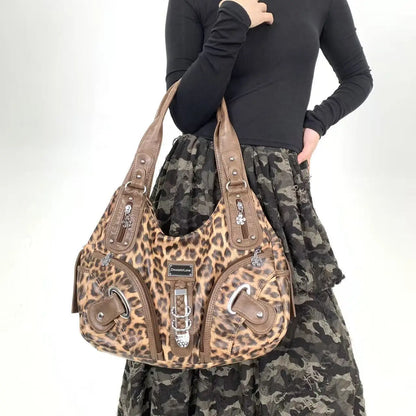 Y2K vintage hot girl personality leopard print shoulder bag with multiple compartments, Maillard crossbody handbag