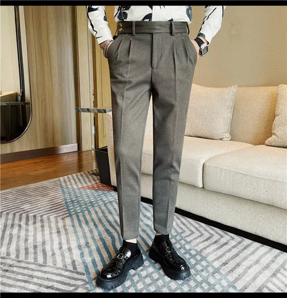 Men's Slim Fit Naples Business Casual Trousers Made of Autumn and Winter Wool, Thickened for Warmth, Classic Ankle-length Pants.