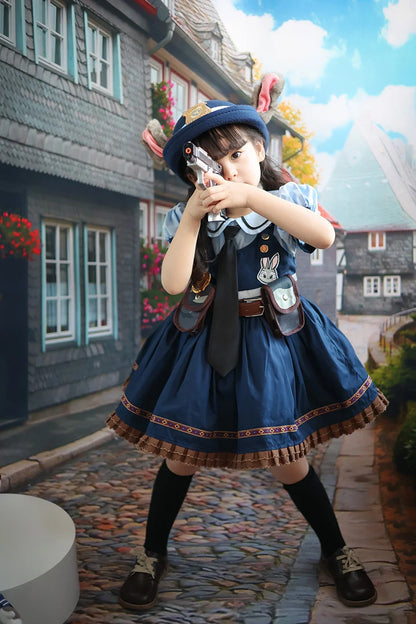 Judy Cosplay Costume Kids Carnival Party Dress Girls Tie Headdress Belt Socks Sets Police Role Play Movie Uniform Birthday Gift