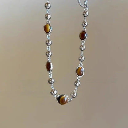 Vintage Leather Brown Stone Pendant Necklace Women's Retro Stacking Choker Temperament Clavicle Chain Hip Hop Jewelry Accessory