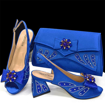 Italian Shoes and Bags Matching Set for Women Bow Rhinestones Peep Toe High Heels Purple Color Nigerian Party 2024