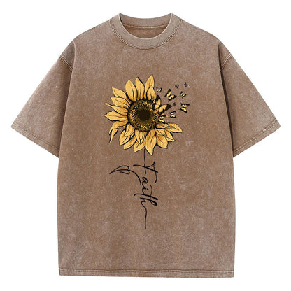 Sunflower And Butterfly Cotton Washed T-Shirt Women Prints Tops Summer O-Neck Oversized T Shirts Vintage Black Woman Clothes