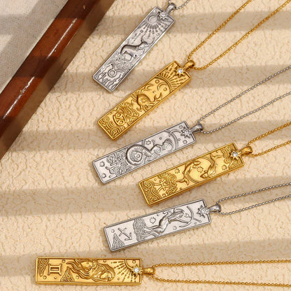 18k Gold Plated Rectangle Shape 12 Constellation Pendant Necklace Stainless Steel Waterproof Fashion Women's Jewelry