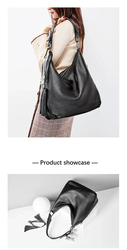 Fashion Tassel Women Shoulder Bag 100% Genuine Leather Daily Shopping Hobos Classic Large Red Tote Handbag Crossbody Bag