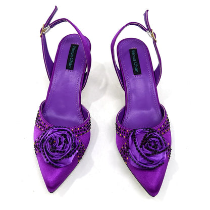 Newest Arrival Fashion Shoes Matching Bag Set in Rose Blossoms Decorated with Rhineston For Ladies Wedding Party